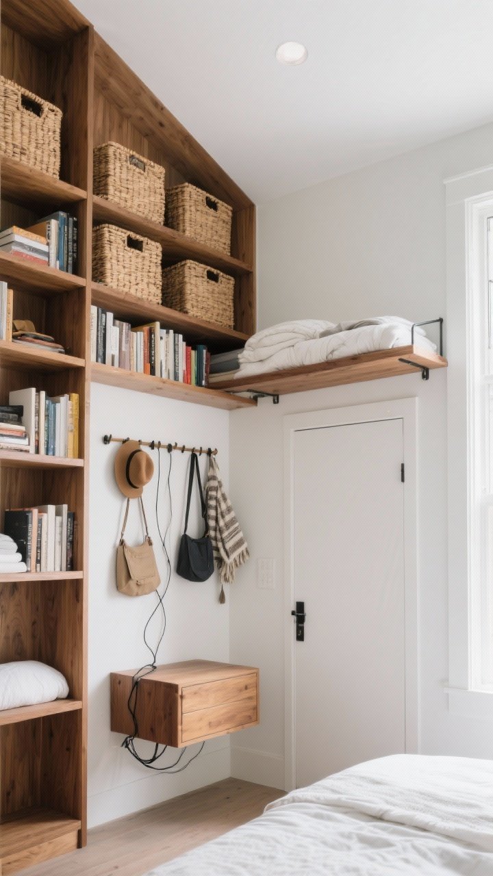 Corner angle medium-wide shot showcasing vertical storage: ceiling-high bookshelves with 6–8 inches of space to the ceiling, woven baskets on the top shelf to hide clutter; wall-mounted nightstand with cords routed behind; a peg rail with hats, bags, and a throw; an over-door shelf holding off-season bedding; finishes in warm wood and matte white, drawing the eye upward; bright, even daylight for a taller-room effect.