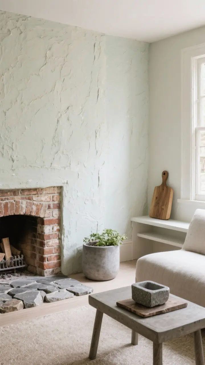 Corner angle shot: A small living room zone featuring a limewashed accent wall with subtle, old-world texture; a brick veneer surround on a faux fireplace and a tumbled stone hearth; nearby, a concrete planter and soapstone cutting board styled on a side table; materials feel raw and tactile; soft, indirect daylight.