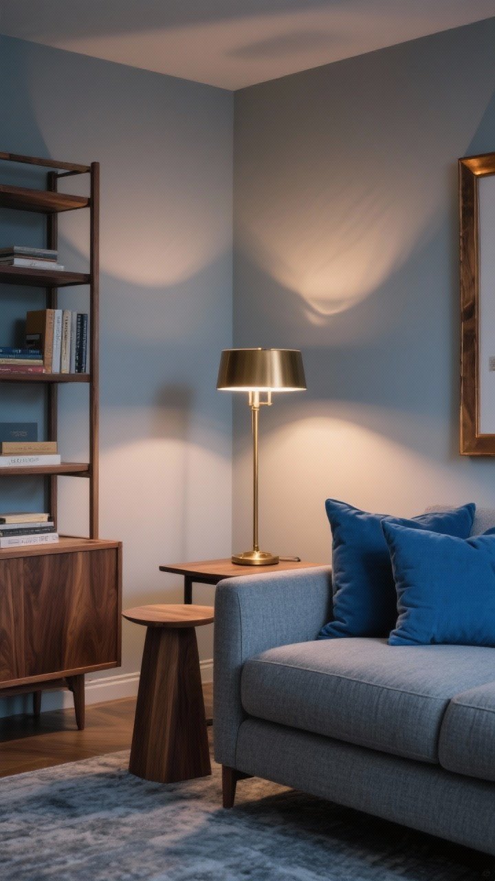 Corner medium shot: Blue-and-gray palette balanced with warmth—gray sofa with blue pillows, walnut side table, oak bookshelf, brushed brass floor lamp, and warm bronze picture frame; warm white bulbs (2700K–3000K) casting a cozy glow that softens the cool tones; evening ambiance, layered shadows.