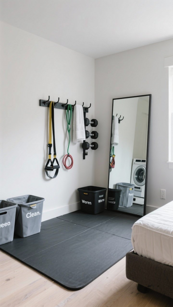 Corner medium shot: Mini gym setup. Rubber mat in a dark graphite tone, wall hooks holding resistance bands, jump rope, and towel. Compact dumbbell rack tucked to the side, under-bed bin labeled for weights. Full-length mirror leaning or mounted to expand the space. Nearby labeled laundry station bins: Clean, Worn, Practice. Bright, practical daylight.