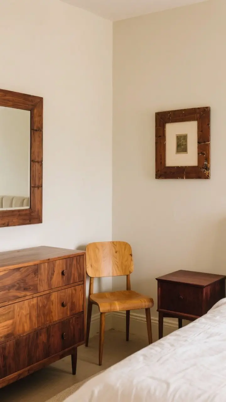 Corner medium shot of a bedroom vignette showcasing mixed wood tones: a dominant warm walnut dresser paired with a honey oak chair and a small deep mahogany side table. Repeat finishes twice—for example, walnut-frame mirror above the dresser and a walnut picture frame on the wall. Subtle nicks and patina visible. Calm, warm lighting with a matte wall backdrop in cream; angle shows the interplay of woods without feeling chaotic; no people.