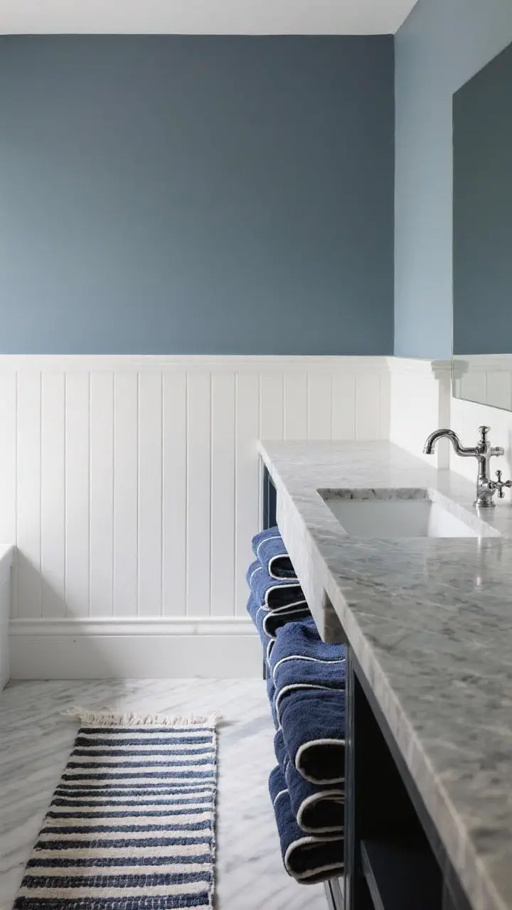 Corner medium shot of slate blue-gray walls with white wainscoting, honed soapstone counters, polished chrome cross-handle faucets, a striped Turkish runner on the floor, and neatly stacked navy-rimmed towels; calm, grounding ambiance with cool, even lighting.