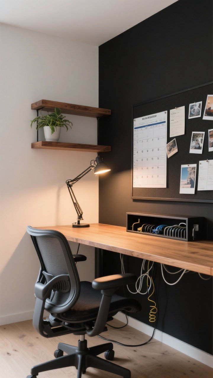 Corner medium shot: Practical study zone with a 48-inch wood desk, ergonomic chair, adjustable task lamp with warm dimmable light, cable management tray neatly routing cords, and a magnetic board with schedules and photos. Floating shelf mounted above holding a small plant. Neutral palette with black, wood, and white; uncluttered surface; soft warm task lighting.