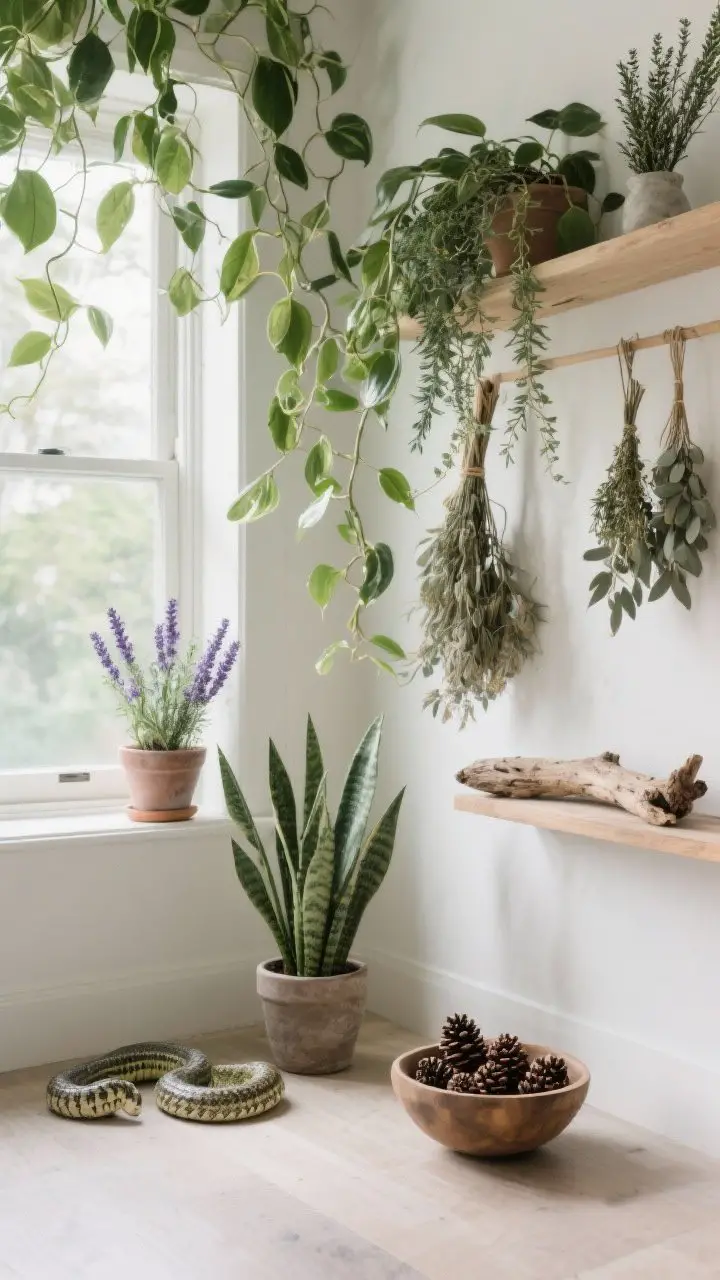 Corner wide shot bringing nature indoors: trailing pothos and philodendron vines cascading from shelves, a rosemary and lavender herb pot by the window, a snake plant and ZZ plant on the floor, and dried eucalyptus bundles hanging for texture; add a bowl of pinecones and a piece of driftwood on a shelf; gentle natural daylight filtering in, clean and enchanted, no people, photorealistic.
