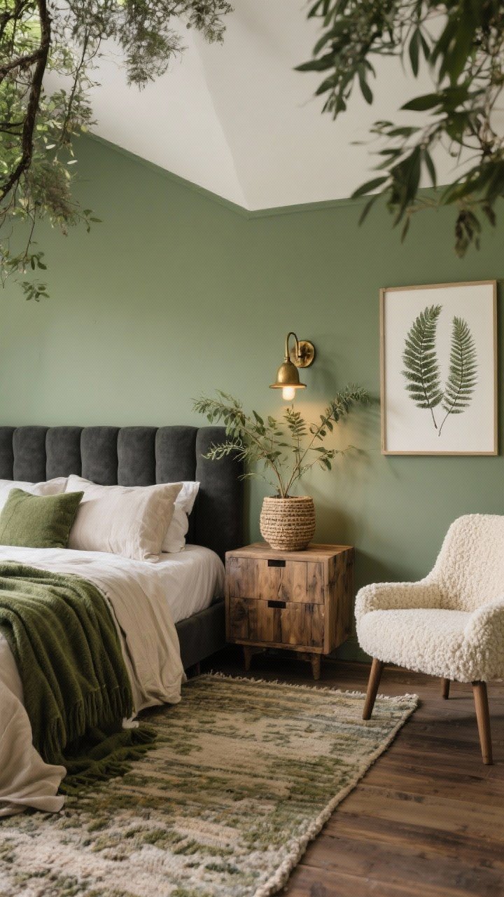 Corner wide shot of a woodland retreat bedroom with sage green walls like eucalyptus in soft light; charcoal upholstered headboard; rustic wood nightstands with visible grain; moss-toned throw, oatmeal linen duvet, cream boucle accent chair; fern prints, eucalyptus stems in a woven planter; antique brass sconces with warm light; hand-knotted rug in muted neutrals; peaceful, organic mood; photorealistic.
