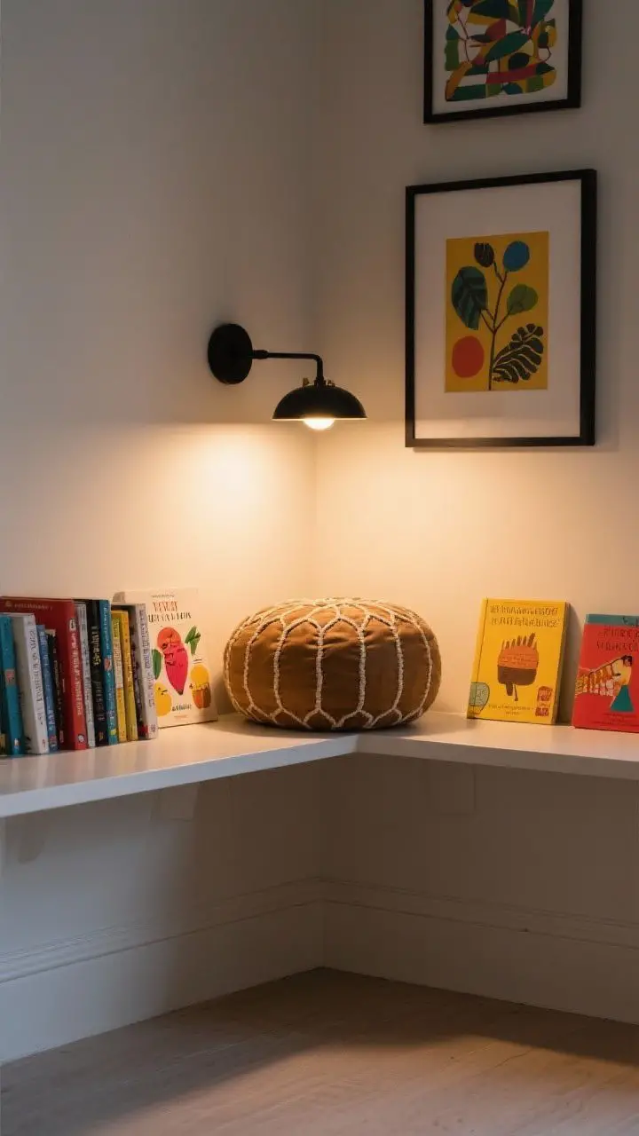 Cozy detail-focused medium shot of a mini reading zone using walls only: shallow picture ledges with forward-facing books, colorful cover art acting as decor; a matte-black hardwired sconce with warm task light above. A small round woven pouf tucked under the ledges for seating. Clean baseboards, clear floor space, evening lighting for intimate mood.