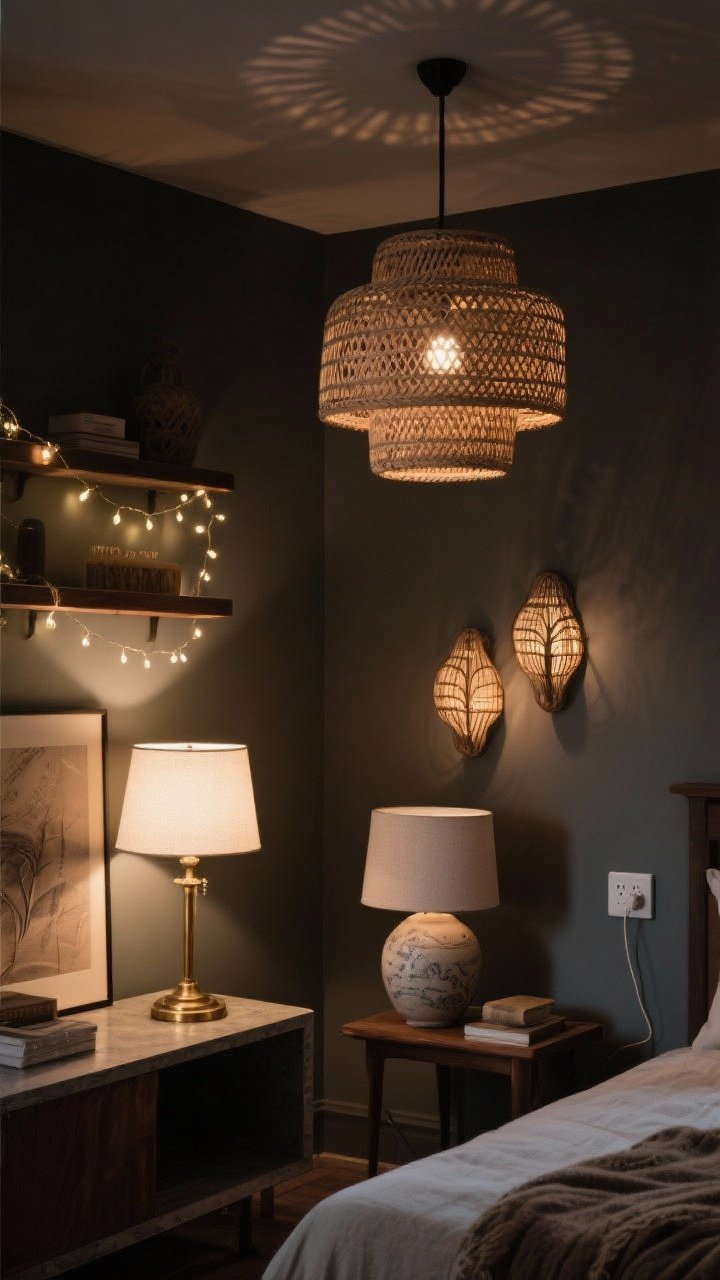 Cozy, moody lighting vignette, medium shot: a rattan pendant overhead casting soft, textured shadows; a brass table lamp with a warm white 2700–3000K bulb on a console; a ceramic table lamp on a side table; plug-in wall sconces adding sculptural interest; a few fairy string lights tucked along a shelf; use dimmer-level lighting for layered, intimate glow with dark corners softly illuminated