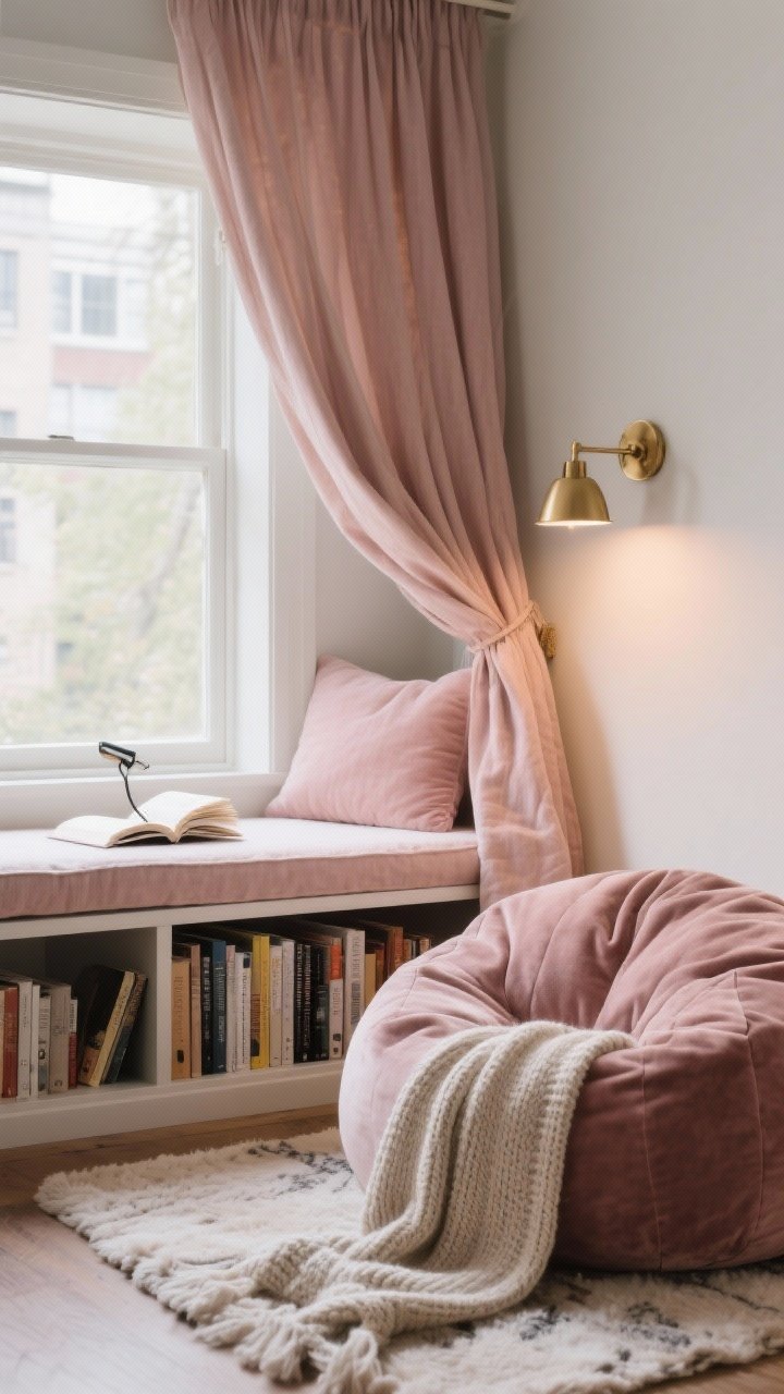 Cozy reading nook closeup: a window bench layered with a plush rug underfoot and a soft throw; canopy draped over a beanbag in muted blush; low shelves within arm’s reach displaying favorite books face-out; clip-on book light and a small brass wall sconce providing soft, warm lighting; textures highlighted—linen, knit, and velour; quiet, serene mood; no people.