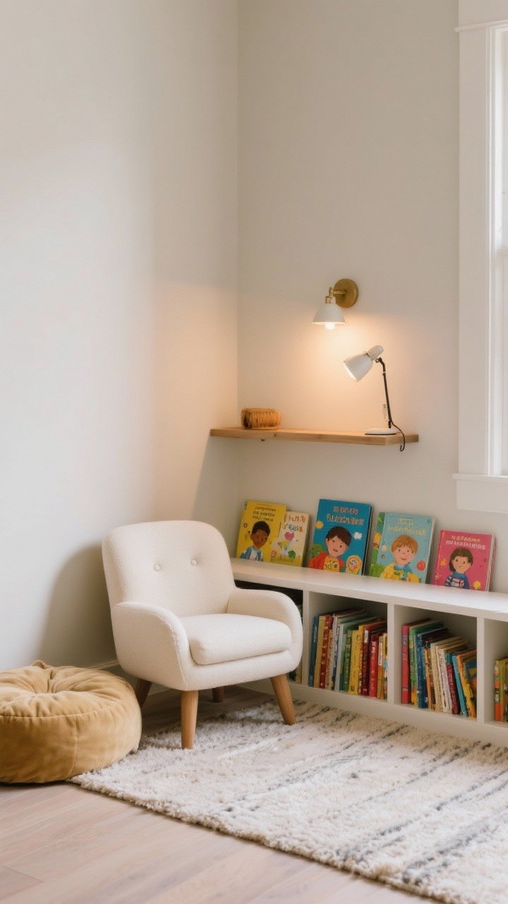 Cozy reading nook medium shot: low mini armchair in cream next to floor cushions, front-facing book ledges showing colorful covers at kid height, a small wall-mounted sconce casting a warm glow, clip-on task light option on a shelf, and a plush, low-pile rug underfoot; relaxed, inviting atmosphere for story time