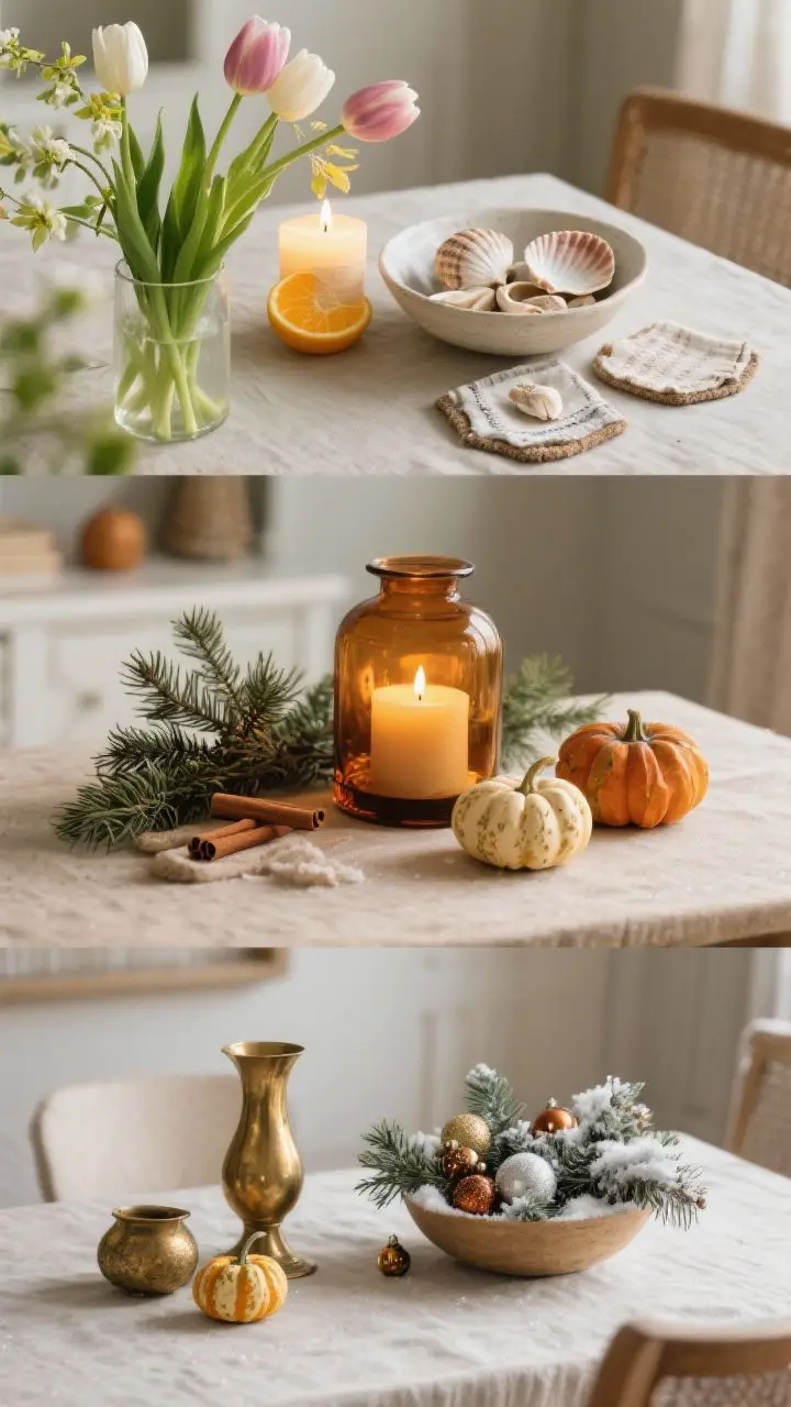 Cozy seasonal swap vignette montage on the same table: spring scene with tulips and a citrus-scented candle; summer with shells in a bowl and linen coasters; fall with amber glass, a cinnamon candle, and tiny gourds; winter with evergreen clippings, brass accents, and a low bowl of ornaments; each panel lit appropriately (spring bright, summer fresh, fall warm, winter soft glow); consistent base items to show easy rotation.