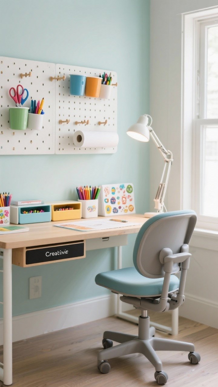 Creative station medium shot: a child’s desk setup that can grow over time, featuring an adjustable chair, a pegboard above with movable cups and hooks holding markers and scissors, a wall-mounted paper roll holder feeding down onto the desk, and shallow trays labeled for crayons, stickers, and current project; bright task lighting, organized and inviting