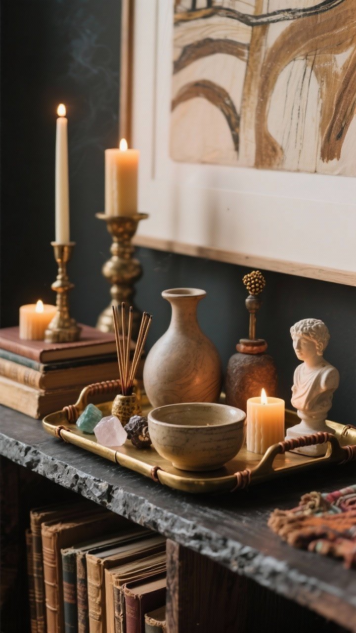 Detail closeup: A boho altar shelf on dark wood or stone—layered beeswax candles, incense, vintage books, crystals, a small ceramic bowl, and a modest sculpture. Objects are corralled on a brass or leather-lined tray. Behind, a piece of art is leaned casually for depth. Vary heights: tall candlesticks, medium vase, low bowl. Warm candlelight produces intimate shadows. Angle: straight-on, tight composition.
