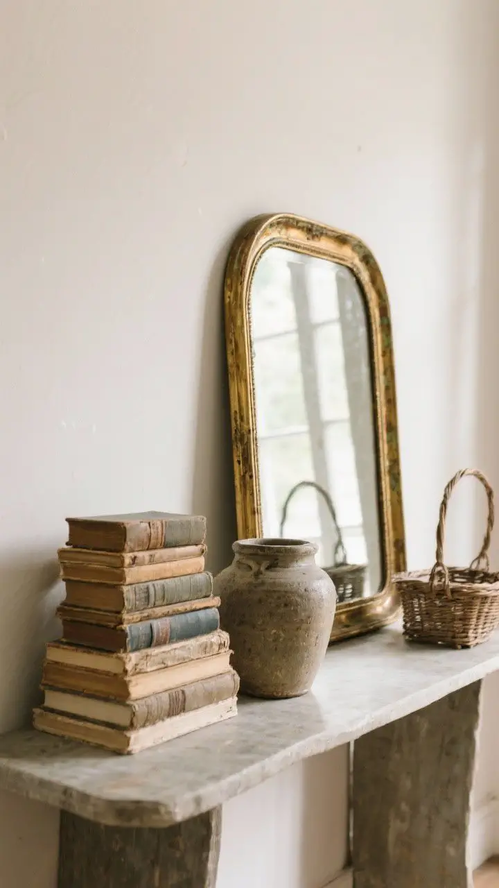 Detail closeup: A curated vintage styling moment on a console—one oversized patinaed brass mirror leaning against the wall, a stack of worn books, an antique stoneware crock, and an old basket; items grouped by material with varied heights; negative space left around for an uncluttered, edited feel; soft morning light.