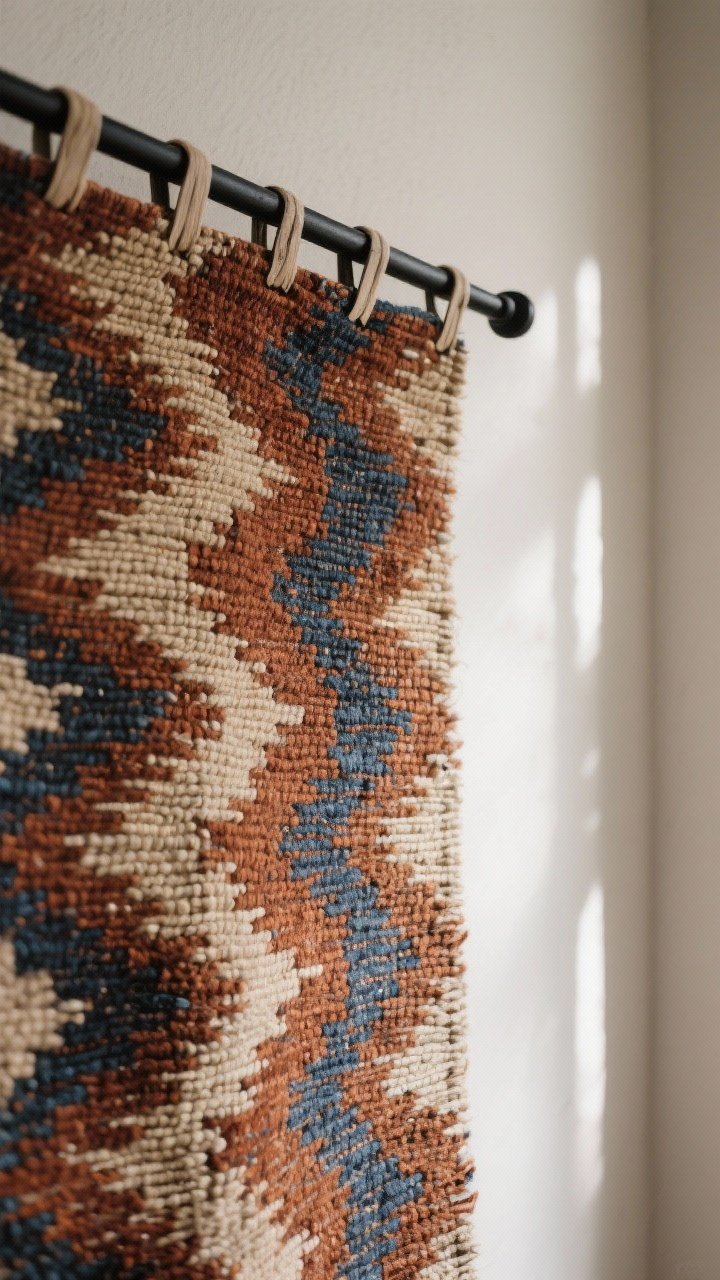 Detail closeup: A large vintage textile—a handwoven tapestry with earthy rust, indigo, and cream pattern—hung on a slim black rod with rug clamps to prevent warping. The weave texture is crisp and tactile; no staples or pins. Neutral wall color complements the textile; side light highlights the fibers and pattern relief. Photorealistic, shallow depth of field.