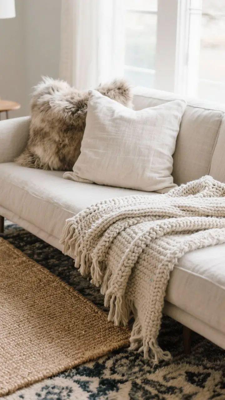 Detail closeup: A layered textile vignette on a sofa—linen slipcovered cushion, chunky knit throw, faux fur pillow, and a nubby wool pillow; in the foreground, a corner of a flat-weave jute rug layered under a patterned wool rug; mixed tactile contrast of smooth and rough, light and heavy; soft diffused window light emphasizing fabric weaves.