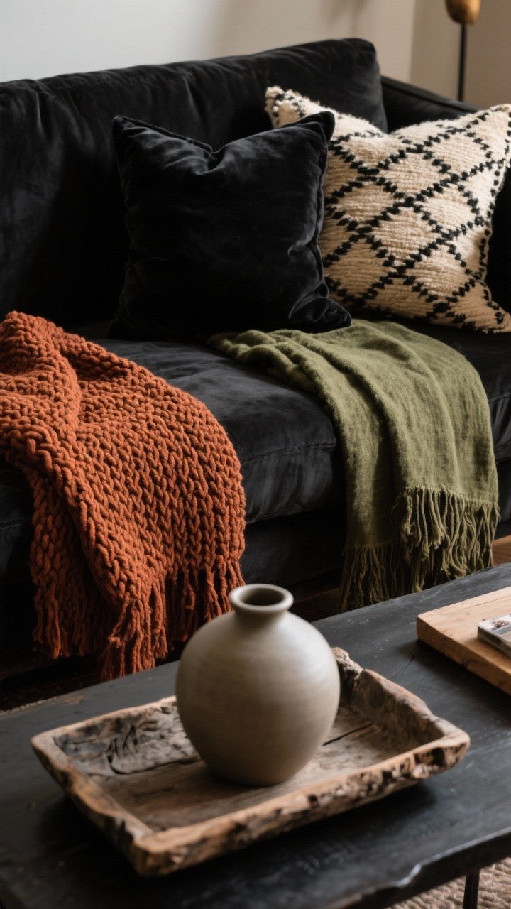 Detail closeup: A layered texture vignette on a dark boho sofa—black velvet cushion, rust-toned chunky knit throw, olive linen throw, and a patterned wool pillow in bone and black. In the foreground, a smooth ceramic vase sits next to a rough reclaimed wood tray on a dark coffee table, highlighting contrast. Palette: black, rust, olive, bone. Warm, diffused lighting. Angle: tight, side-lit to emphasize fabric weave and surface textures.