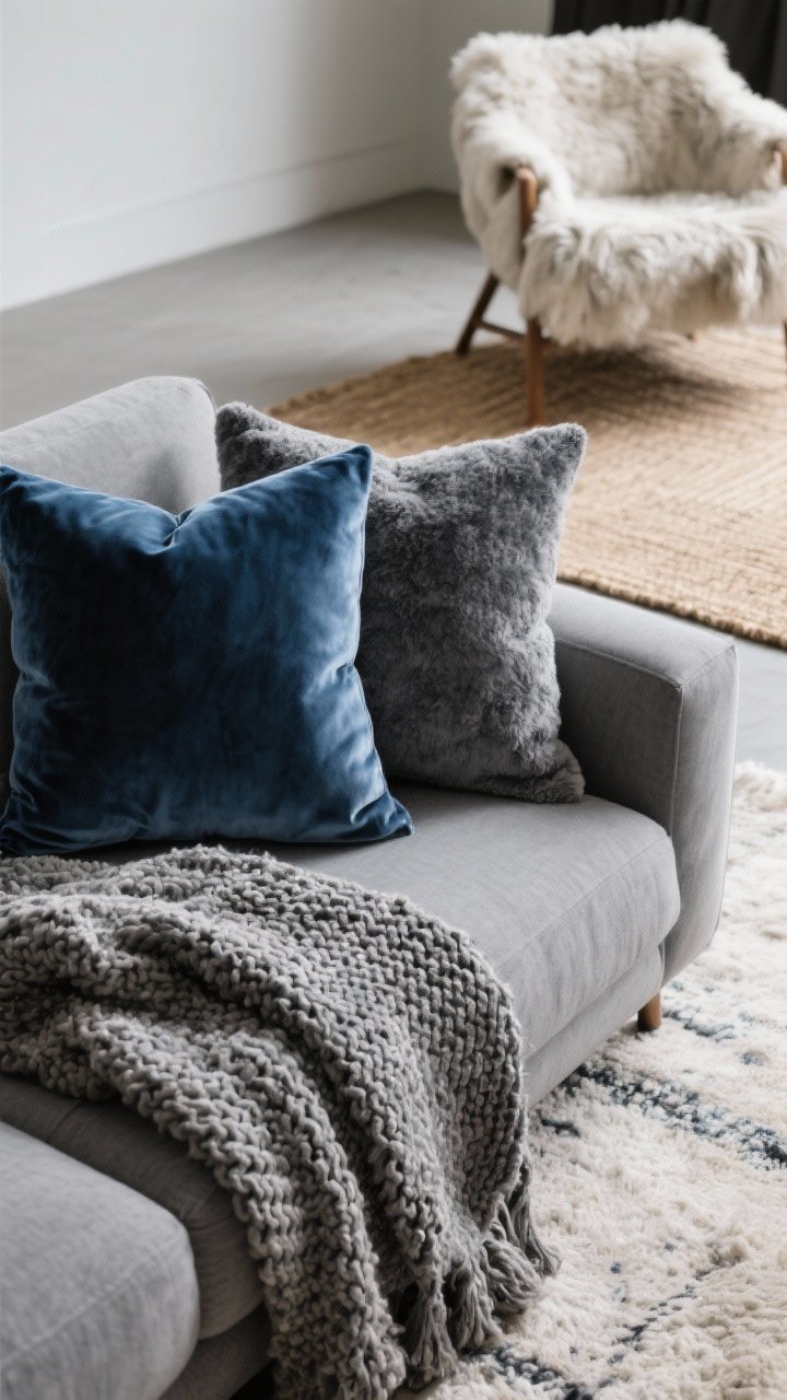 Detail closeup: A layered texture vignette on a gray sofa—slate blue and storm gray velvet pillows beside a chunky knit throw, with a nubby bouclé/sherpa accent chair in the background and the edge of a jute rug layered under a softer wool rug; soft diffuse daylight highlighting the fabric weaves and tactile contrast.