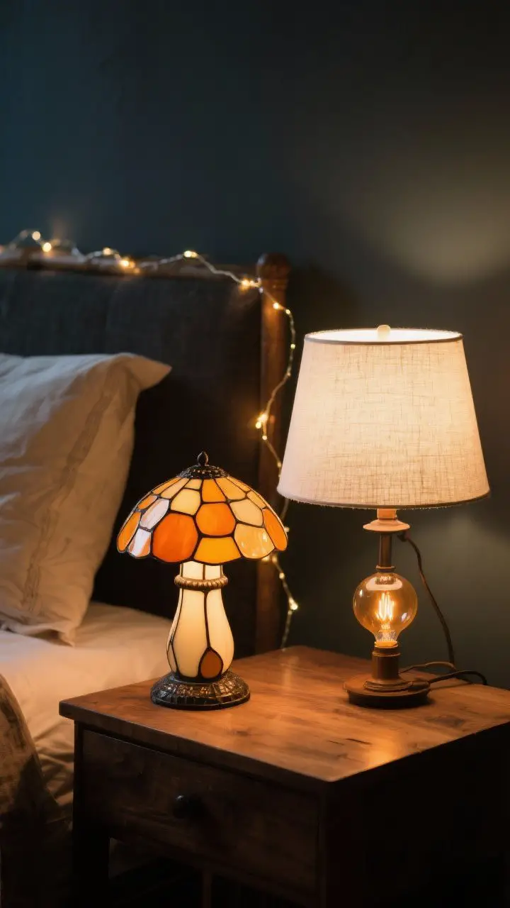 Detail closeup: A moody “mushroom lamp moment” on a bedside table—stained-glass mushroom lamp glowing warm amber (2200K–2700K), linen shade table lamp nearby with amber bulb, delicate string lights trailing along the headboard, parchment-toned lamp shade replacing bright white, soft candlelit glow across a wooden surface, cool-toned light avoided, cozy diffusion emphasized, photorealistic.