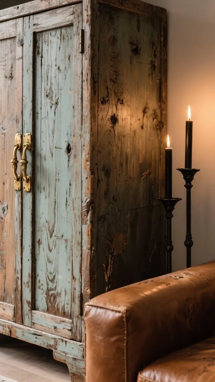 Detail closeup: A vignette celebrating patina—a distressed wood cabinet with visible grain and worn edges, aged brass handles with a soft tarnish, and a cognac leather armrest showing natural scuffs; blackened steel candlesticks nearby; warm side lighting to highlight nicks and knots; cozy, lived-in character.