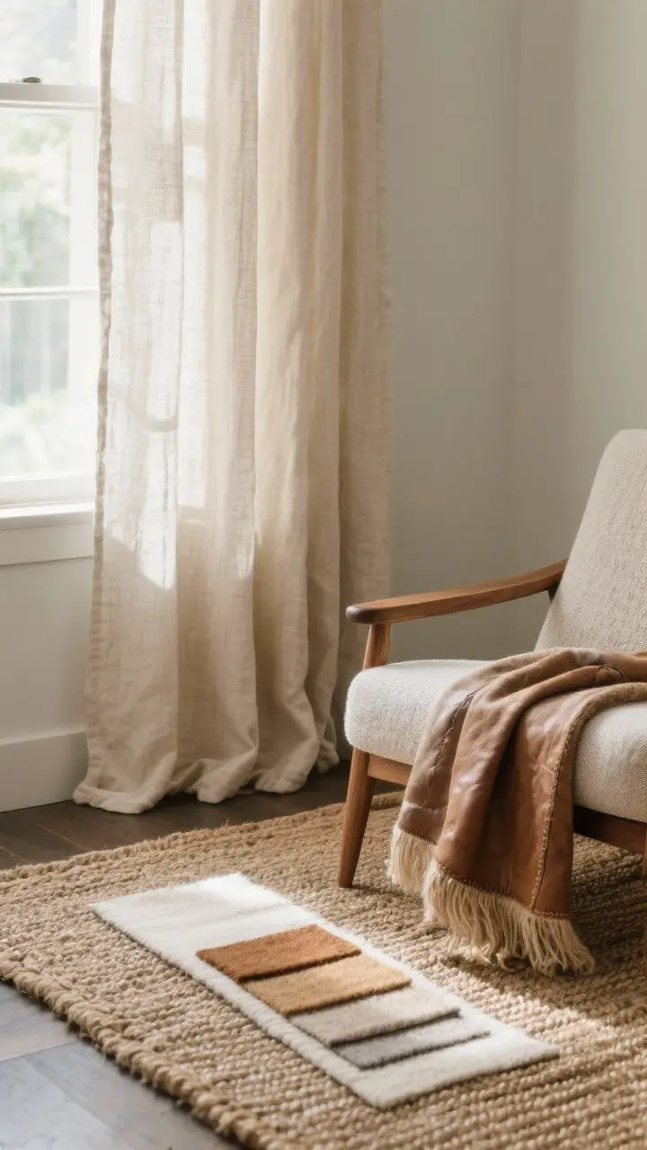 Detail closeup: A window with unlined natural linen curtains pooling slightly on the floor; nearby, a jute rug meets a flat-weave wool runner in earthy stripes; upholstery swatch of performance linen draped over a wood armchair; textures of linen, cotton, wool, leather, and jute emphasized; gentle cross-lighting.