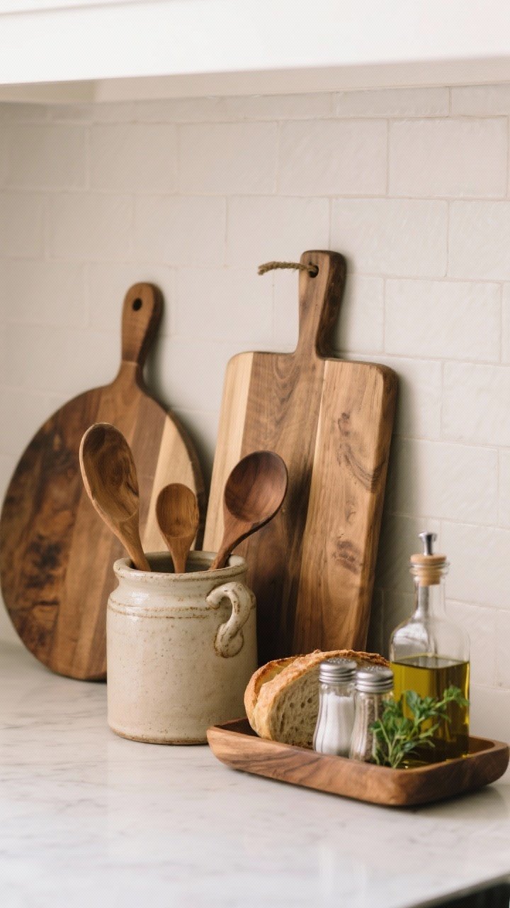 Detail closeup, angled: A vignette against a neutral backsplash featuring layered wood cutting boards—round, paddle, and rectangular—leaned casually, a vintage neutral-tone stoneware crock filled with wooden spoons, and a bread board used as a tray grouping oil, salt, pepper, and a tiny herb plant. Warm textures, tactile woods, and subtle patina.