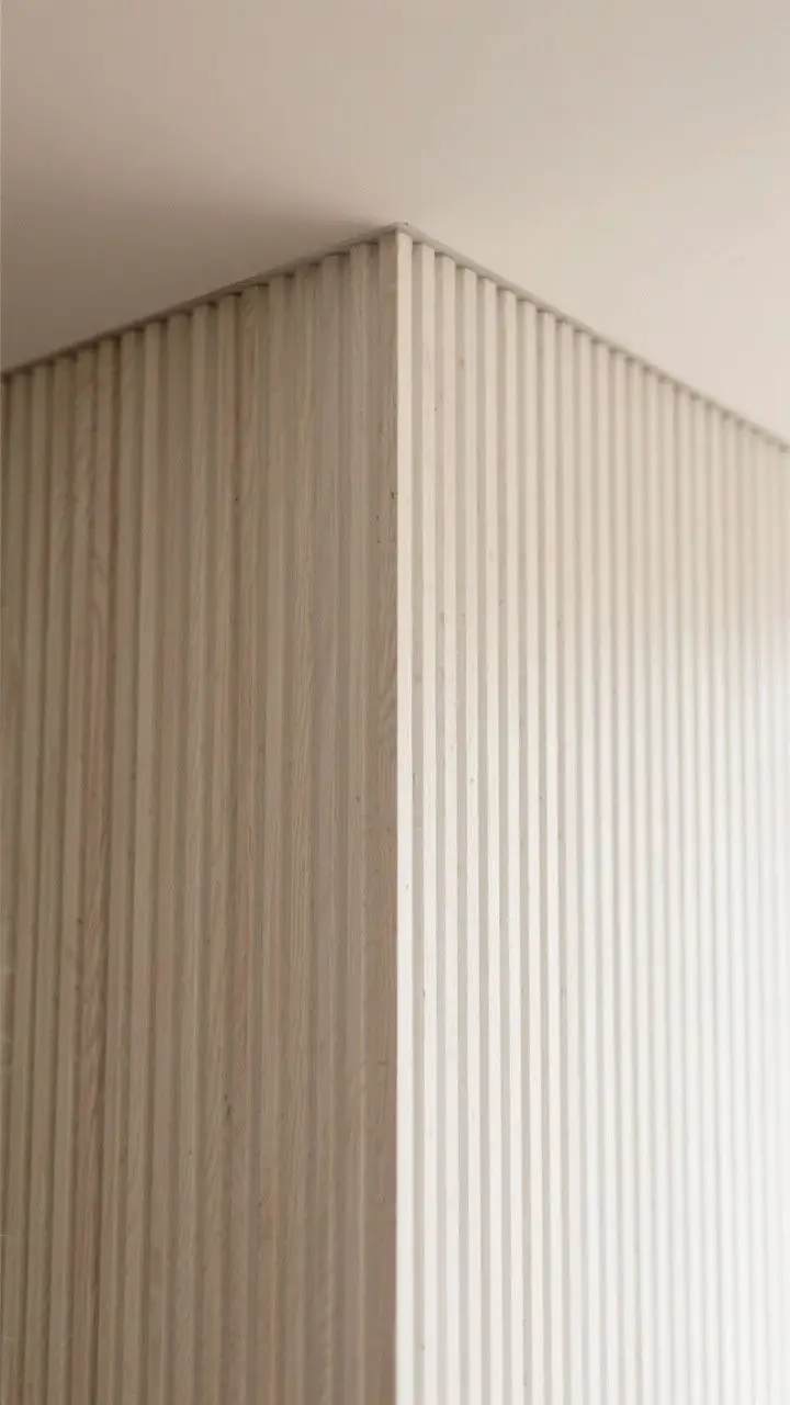 Detail closeup at a corner angle: Vertical white oak slats with