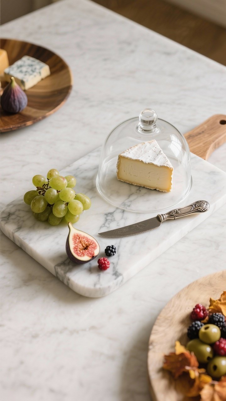Detail closeup at a slight overhead angle of a cheese board fantasy: marble board base with a glass cloche covering a wedge of cheese, a small bunch of grapes, a pretty cheese knife, and seasonal accents (figs in fall, berries in summer, olives anytime). Clean, aspirational styling with cool marble tones and soft afternoon light.
