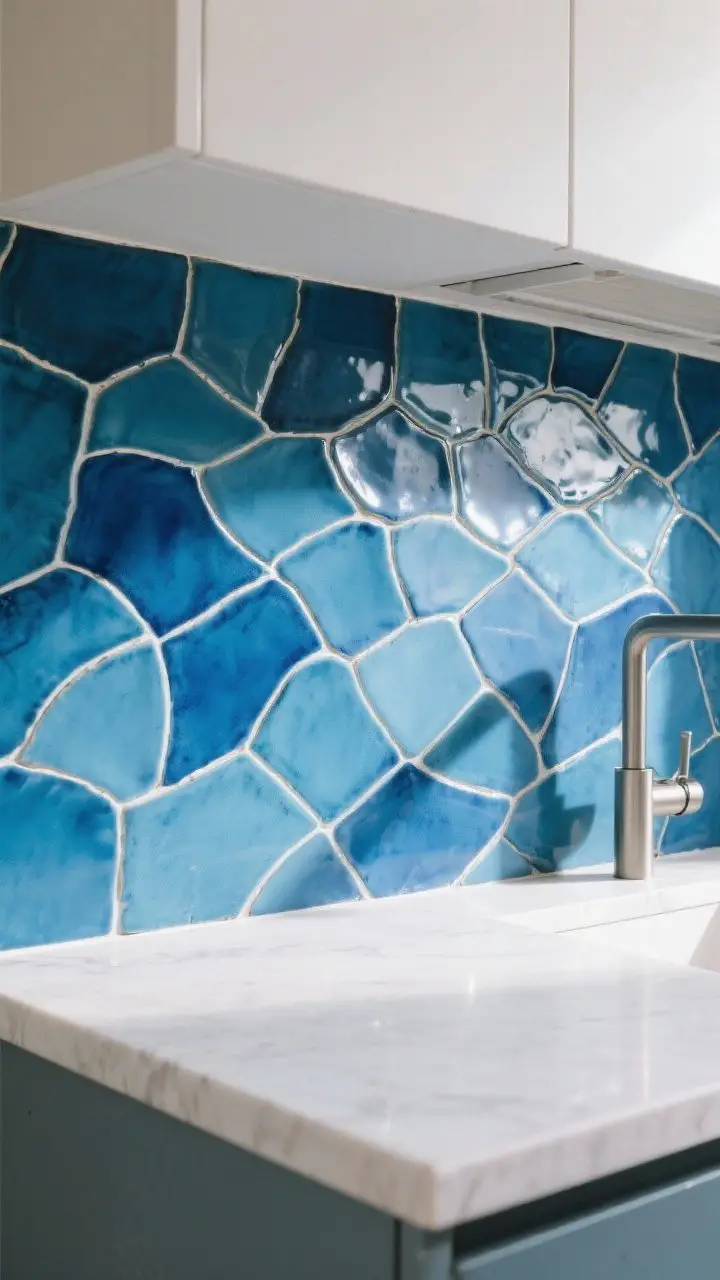 Detail closeup: Blue tile backsplash as hero—washed blue zellige with wavy, irregular surfaces, shown in raking light to capture gloss and texture. Minimalist, streamlined hardware and subtle white quartz countertop edge peeking in. Tight angle to emphasize tile variation and artisanal feel.