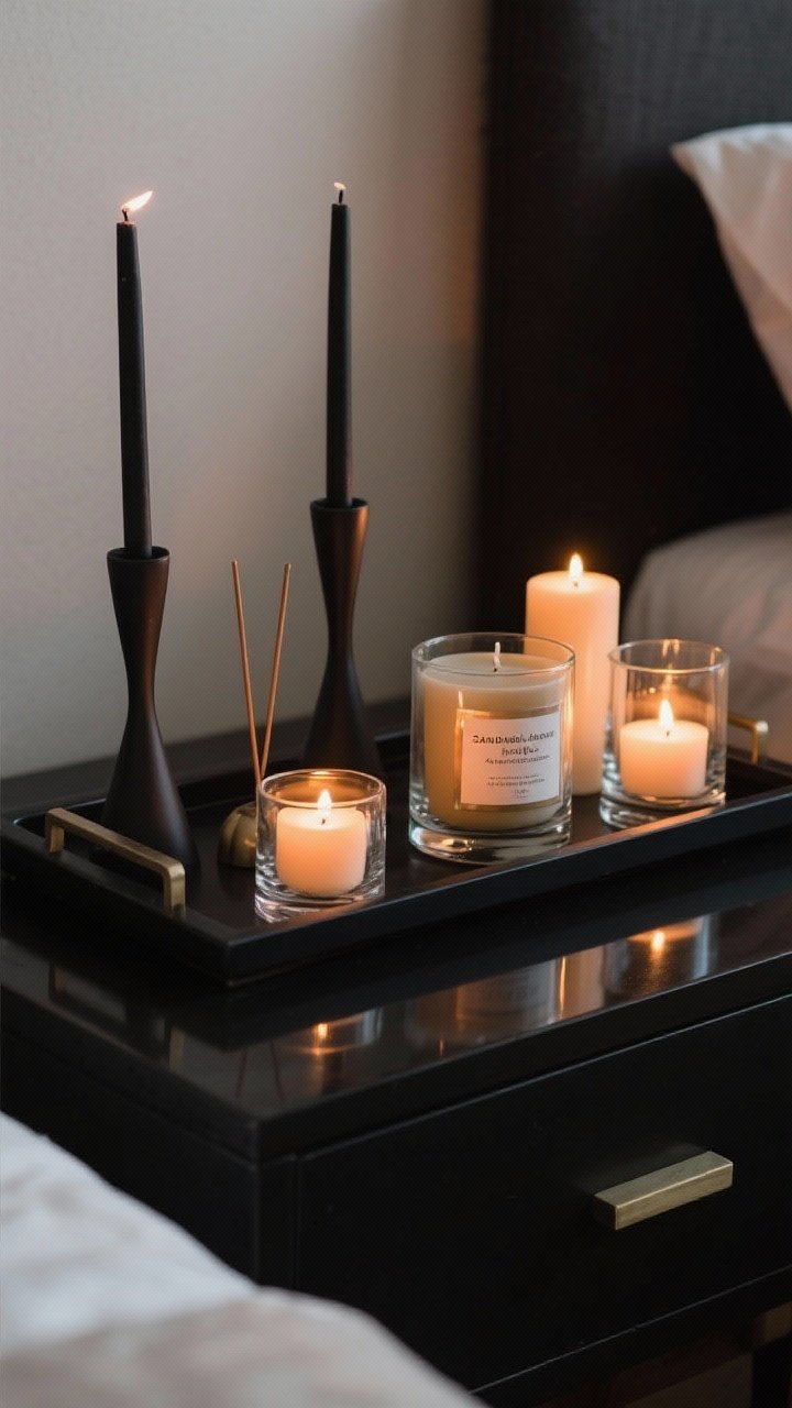 Detail closeup: Candlelight vignette on a nightstand tray—unscented pillar candles in clear glass hurricanes, two matte black taper holders with slender tapers for height, and a couple of realistic LED candles for overnight glow; a single scented candle labeled sandalwood/amber/incense/dark rose nearby; clustered 3–5 pieces, warm flicker reflecting off dark surfaces.