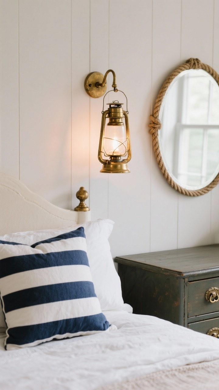 Detail closeup: Chic nautical accents—a navy-and-white striped pillow on a bed with white linen, a brass lantern-style sconce mounted above, and antique brass hardware on a nearby dresser. Include a small rope-accented round mirror partially in frame. Clean lines, timeless New England vibe, warm brass highlights in soft evening lamp glow.
