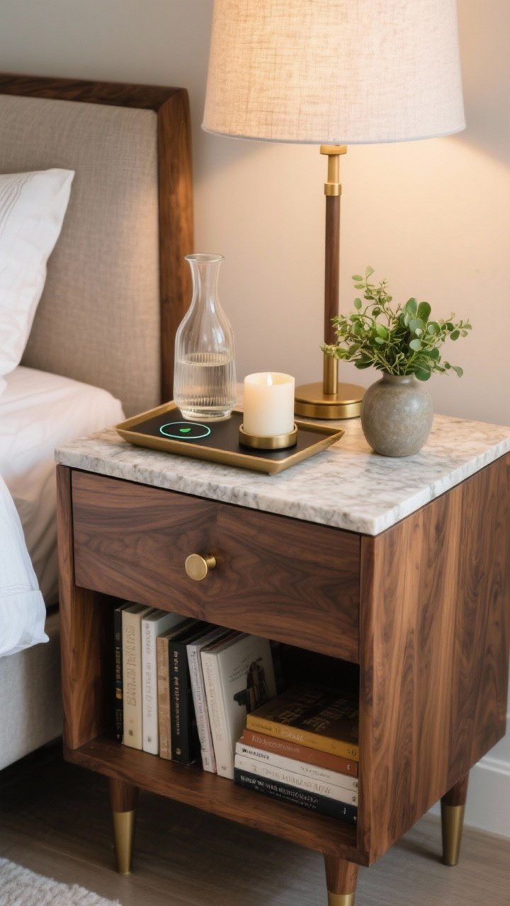 Detail closeup: Elevated nightstand vignette at mattress height—mixed materials with a walnut body and stone top, matte brass hardware swapped in; a tray corralling a sleek wireless charger pad, a carafe with glass, one great candle, and a small vase of greenery; lower shelf with curated books; symmetrical lamp base visible just out of frame, with soft, warm bedside light.