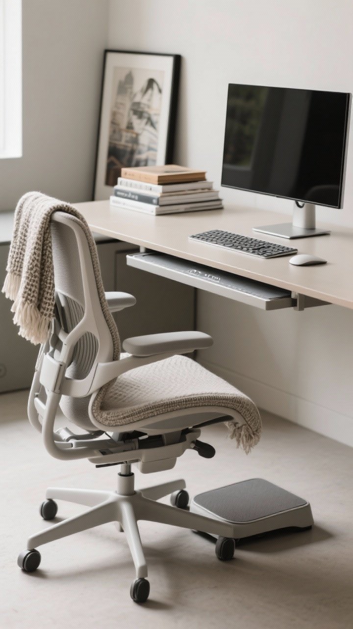 Detail closeup: Ergonomic essentials with style—an adjustable chair with visible lumbar support, draped with a textured throw; a monitor at correct eye level on a simple stand (or stacked art books), a slim keyboard tray keeping wrists neutral with a gel wrist rest; a compact footrest under the desk for comfort; clean, modern materials and cohesive colors.