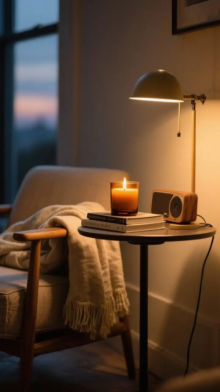 Detail closeup, evening: A cozy side table ritual—amber and cedar woodsy candle burning beside a small stack of books, a linen throw draped over the arm of a chair, and a compact speaker playing low-fi softly; a warm 2700K reading lamp flipped on at dusk; tactile, intimate mood with golden, low lighting.