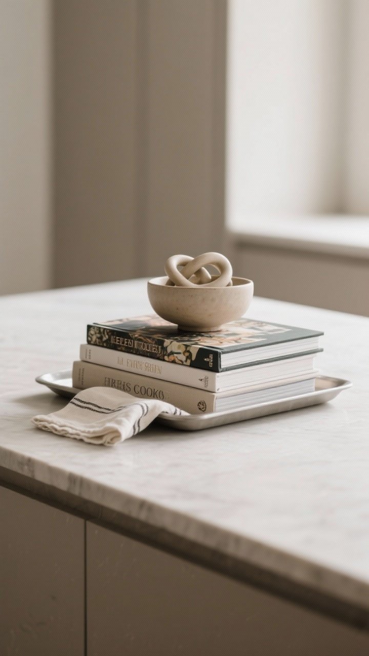 Detail closeup from a slight side angle of a small stack of two or three artful cookbooks on the island, spines facing out, topped with a sculptural object (modern knot or small bowl). A linen napkin draped underneath softens the stack. Place all on a slim tray for easy movement; neutral, calm tones and soft diffused light.