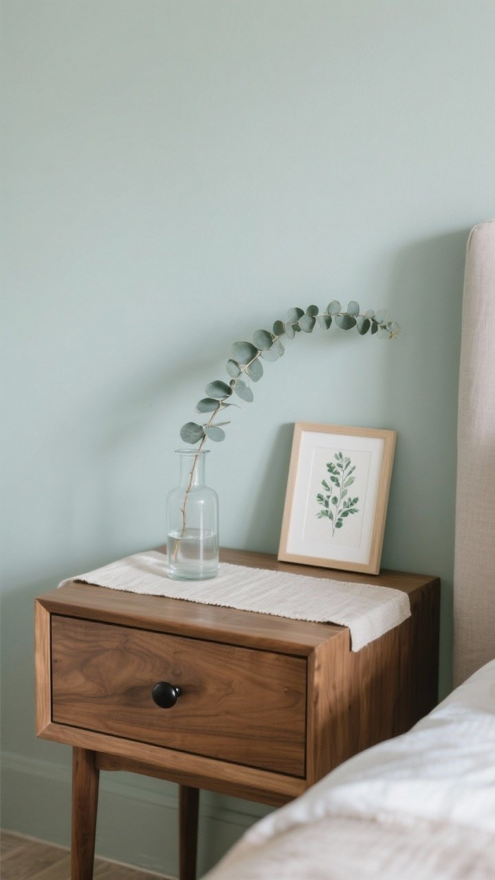 Detail closeup: Gentle sage wall (Cromarty/Silver Sage) behind a natural wood nightstand with a matte black knobbed drawer pull and a simple glass vase holding a eucalyptus stem. Soft, diffused daylight enhances the mellow, spa-like vibe. Include a small botanical print leaning on the wall and a linen-textured runner on the nightstand. Photorealistic, shallow depth of field highlighting texture.