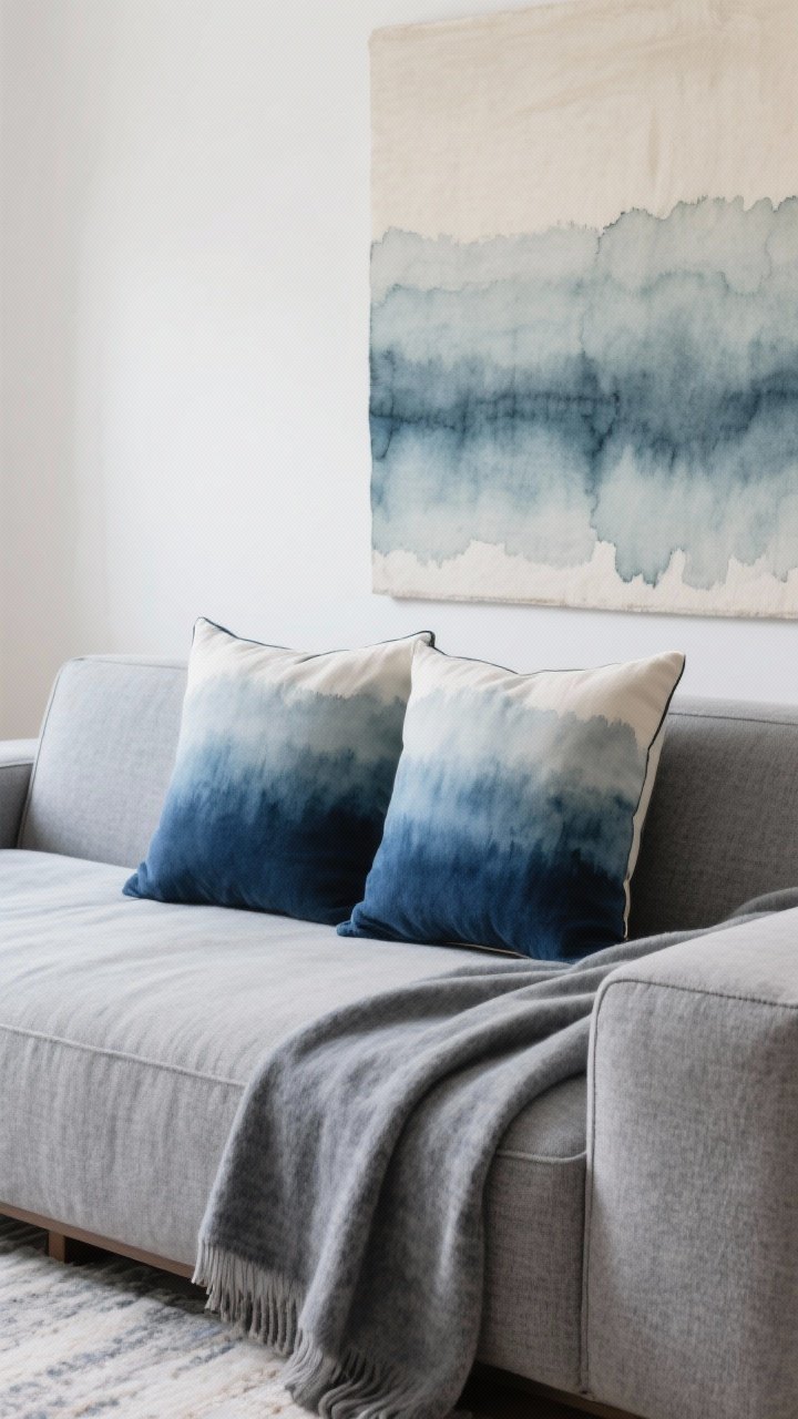 Detail closeup: Gradient accents on a gray sofa—an ombre throw transitioning from gray to deep blue and a pair of watercolor gradient pillows; in the background, a muted watercolor-style gradient rug; soft, even lighting that enhances the smooth tonal shifts for a minimalist yet lively feel.