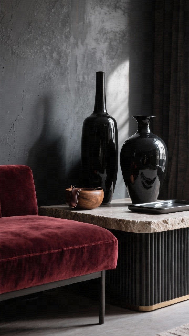 Detail closeup highlighting layered textures: matte charcoal-painted wall behind glossy black ceramic vases catching light; a plush velvet bench seat in deep oxblood adjacent to a small leather catchall; a raw wood bowl beside a polished stone tray; edge of ribbed/fluted furniture casting shadows. Side lighting to emphasize texture contrast; dark, sophisticated palette.