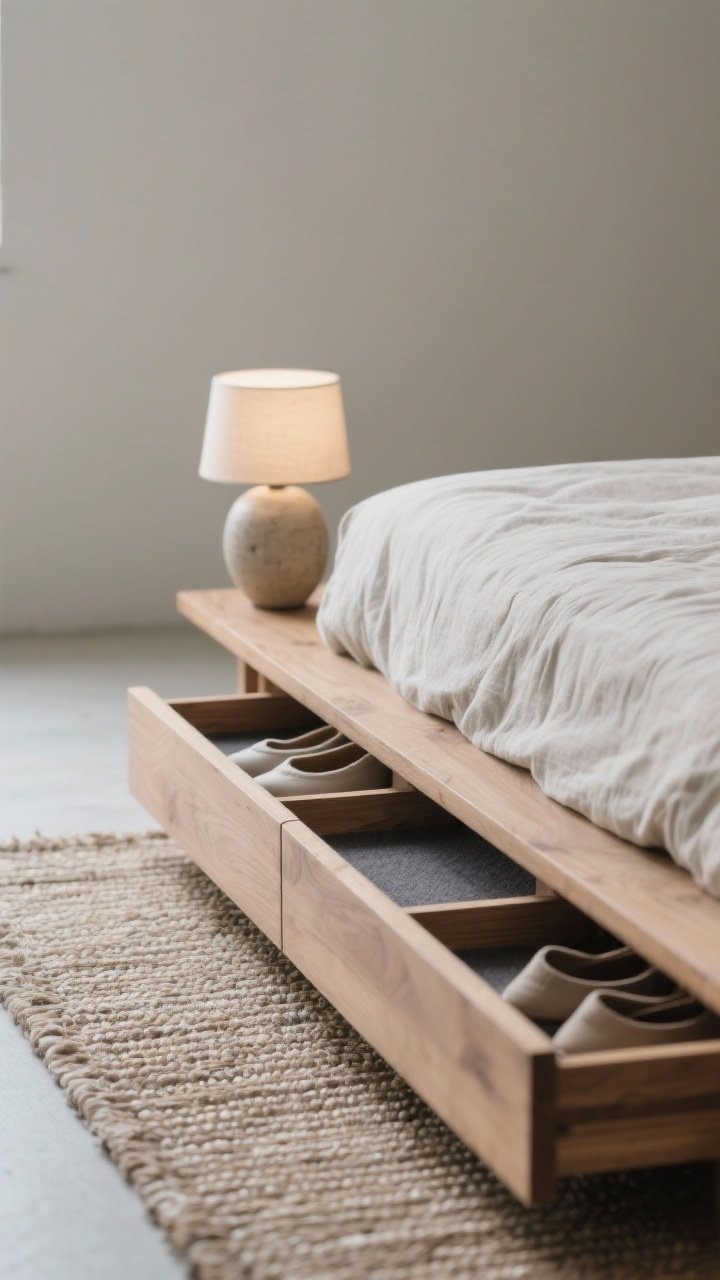 Detail closeup, Japandi bedroom: low-profile ash wood bed with a slim slide-out felt-lined shoe tray extended, partitions neatly organizing pairs; soft greige wall blur in background, natural linen bedding edge visible; single ceramic lamp casting calm, warm glow; woven rug texture at the edge; serene, minimal palette of greige, ash wood, natural linens; tight angle emphasizing texture and quiet functionality.
