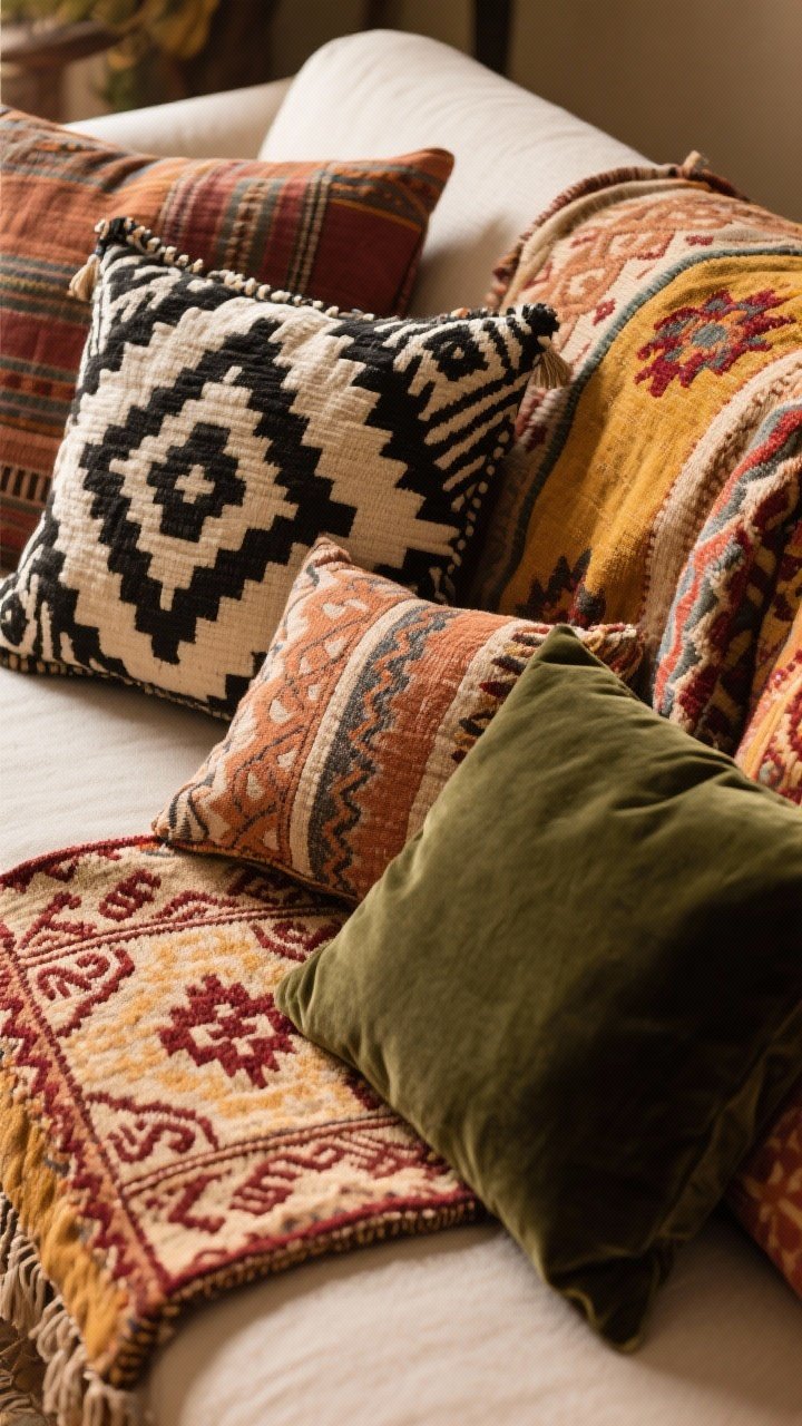 Detail closeup: Layered boho textiles on a sofa—mudcloth pillow (black/white), a kilim cushion in clay and mustard, a suzani throw with oxblood accents, and a small-scale ikat pillow. One solid velvet cushion in deep olive gives the eye a rest. Emphasize scale: one large pattern, one medium, one small. Warm, intimate lighting to enhance fiber detail. Angle: tight, slightly overhead to show pattern interplay.
