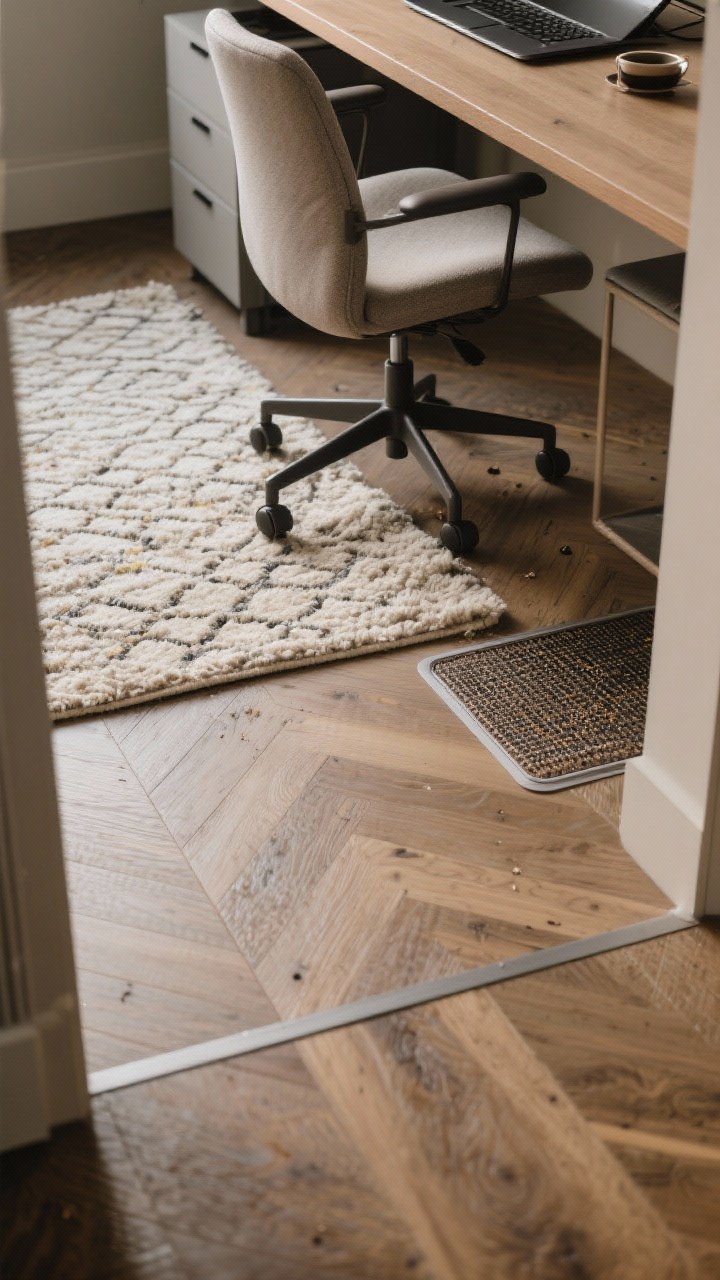 Detail closeup: Layered cozy floors—LVP planks over a moisture barrier with a neutral low-pile rug suitable for rolling chairs, topped by a smaller patterned rug anchoring the desk zone; texture-rich fibers in a wool-blend, subtle pattern that hides crumbs and coffee drips; a heated floor mat peeking under the desk chair, warm, tactile lighting emphasizing texture.