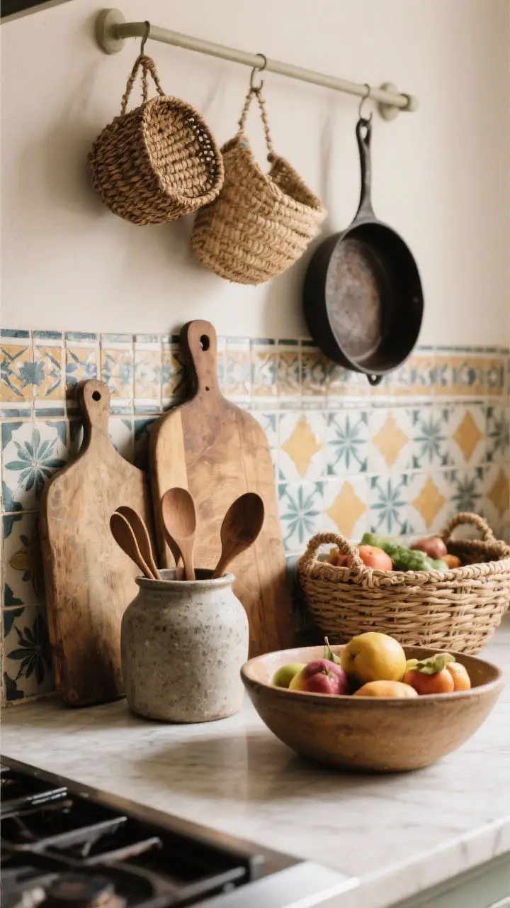 Detail closeup: Layered natural accessories—vintage cutting boards leaned against a zellige backsplash, a heavy stone or ceramic crock holding wooden utensils, woven baskets with produce softening edges, and a cast-iron pan hanging on a simple rail. One oversized bowl with seasonal fruit as the hero. Warm, lived-in patina; no clutter.