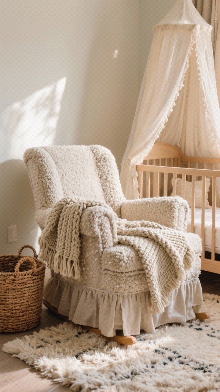 Detail closeup: Layered textures in a nursery corner—boucle glider arm, chunky knit throw draped over the side, a linen crib skirt edge nearby, plush rug fibers underfoot, and rattan baskets tucked beside the chair; a gauzy canopy fabric edge enters frame for airy contrast, balanced so the fluffy rug pairs with lighter curtains, warm afternoon light grazing surfaces.