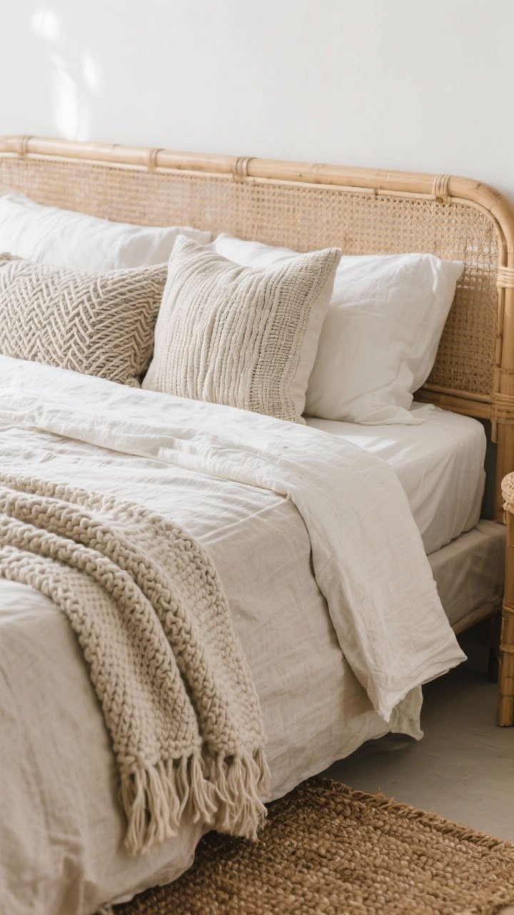 Detail closeup: Layered textures on a bed corner showing a natural linen duvet, a chunky knitted throw, and pillows in varied weaves (woven cotton, subtle slub). Include a cane or rattan headboard edge in frame, with a jute/sisal rug visible below. Soft diffused daylight, focus on tactile details; mix textures, minimal patterns. Shallow depth of field.