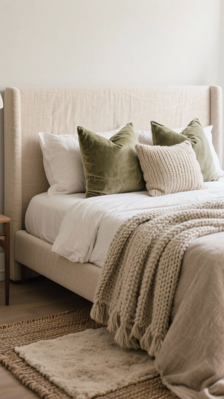 Detail closeup: Layered textures on the bed—an upholstered linen headboard in soft beige, a mix of canvas, velvet, and knit throw pillows (2–4 total) in muted neutrals and sage, plus a chunky knit throw draped at the foot. Include a glimpse of a flatweave rug with a smaller plush rug layered at an angle nearby, soft diffused lighting, photorealistic.