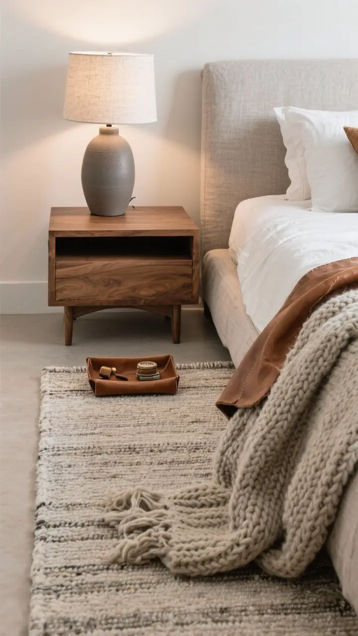 Detail closeup: Layered textures—wool, leather, linen, and wood—kept within a calm neutral palette. A low-pile wool or flatweave rug underfoot, chunky knit throw draped at the bed’s foot, matte ceramic lamp base on a wood nightstand, and a leather tray holding small essentials. Soft side lighting to emphasize tactile surfaces.