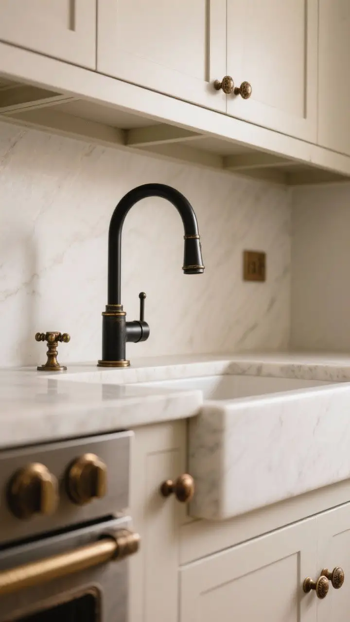 Detail closeup: Matte black kitchen faucet at a warm white quartz sink, paired with chunky aged brass pulls on simplified cabinet fronts and a few antique bronze knobs mixed in. Appliance pull in the accent metal ties finishes together. Lighting is soft and even, satin and brushed patinas visible—no chrome, no glare.