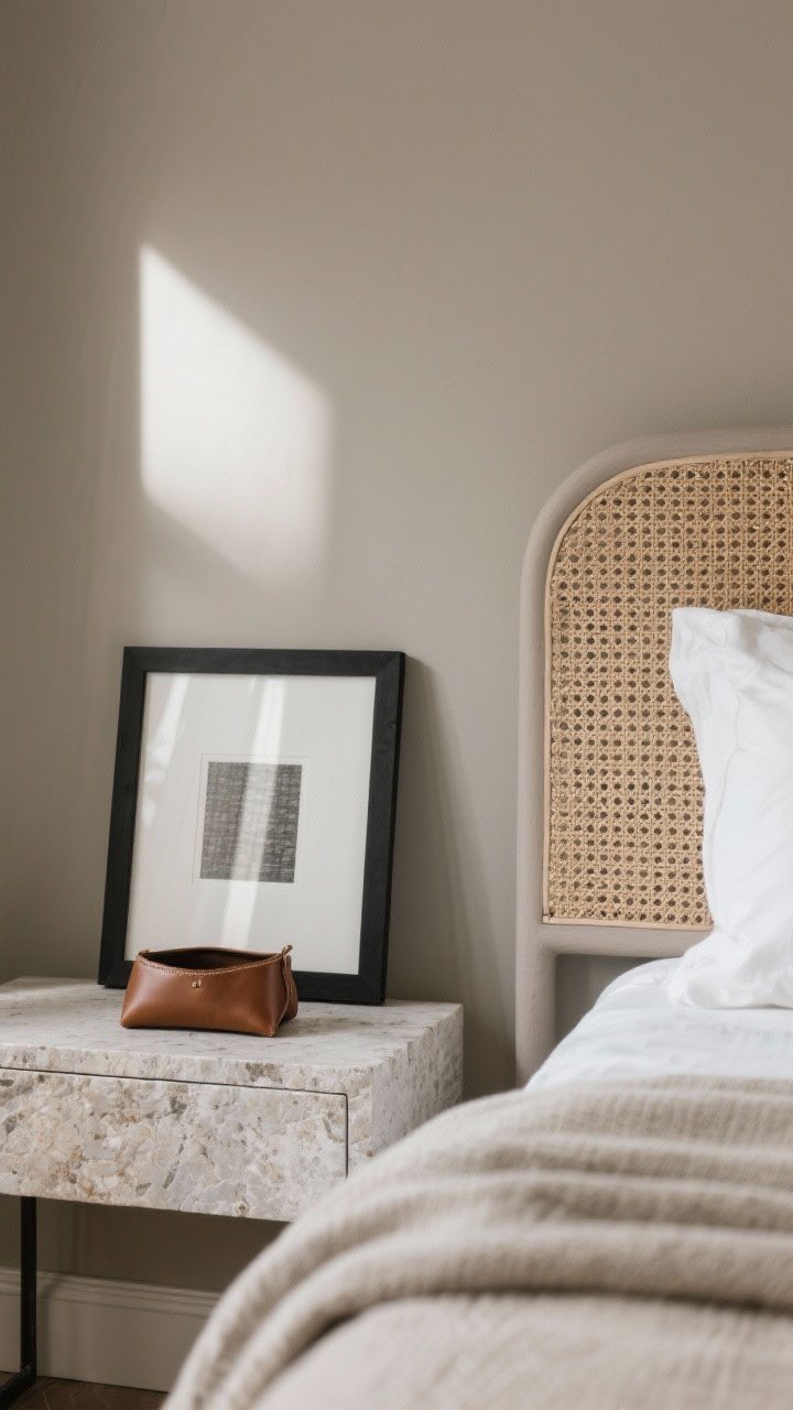 Detail closeup: Mushroom greige-taupe wall (Edgecomb Gray/Natural Linen) with layered materials—edge of a woven headboard, a black metal picture frame, a linen throw, and a small leather catchall on a stone-topped nightstand. Soft, indirect daylight creating gentle, dimensional shadows without heaviness. Photorealistic, tactile focus.