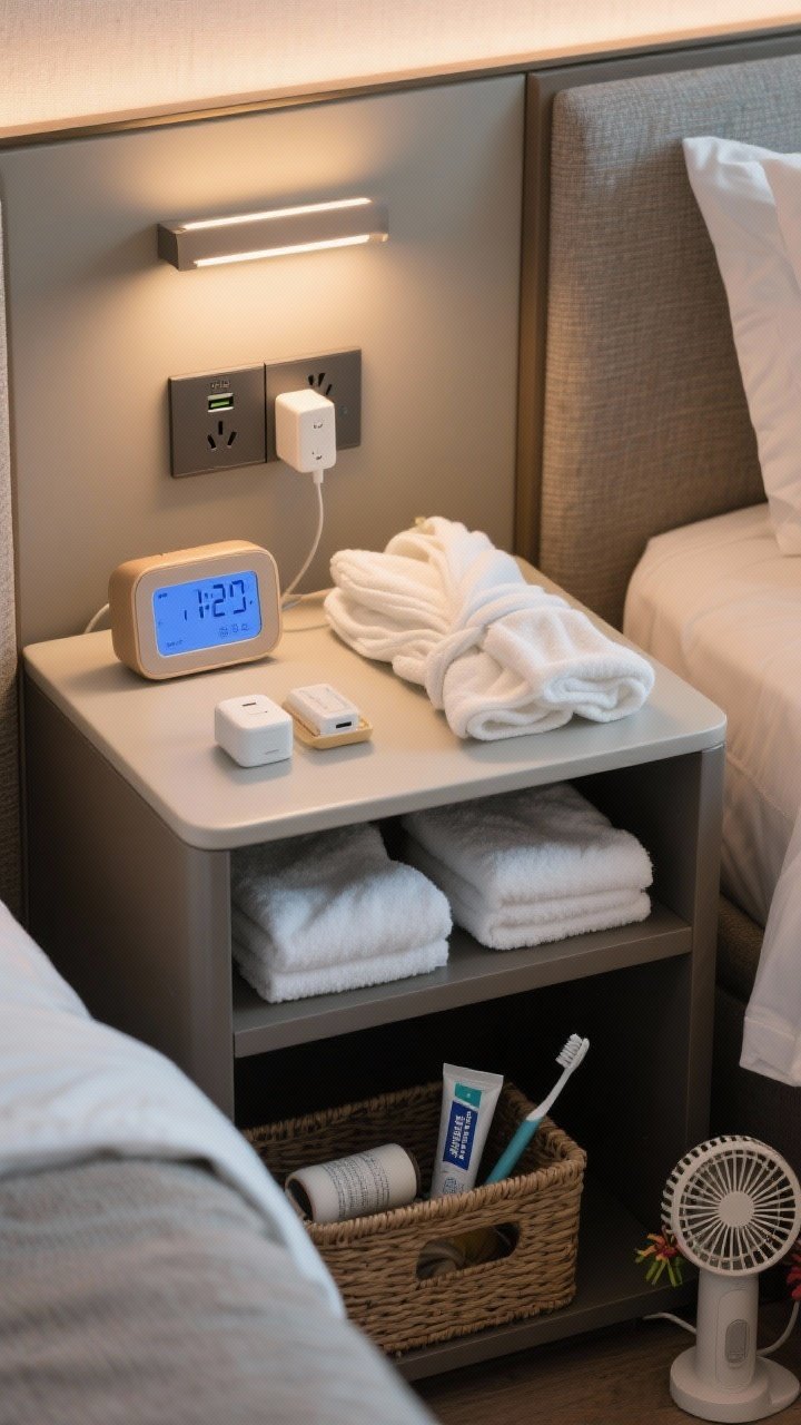 Detail closeup: Nightstand amenity setup—dual USB‑C/USB charger and a compact power strip, a dimmable alarm clock with a soft warm display (no harsh blue), a small folded robe on the lower shelf, a neatly stacked pair of fresh towels, and a discreet basket containing travel-size toothbrush, toothpaste, pain reliever, and a lint roller. Include a small seasonal fan or mini heater nearby depending on climate, photorealistic.