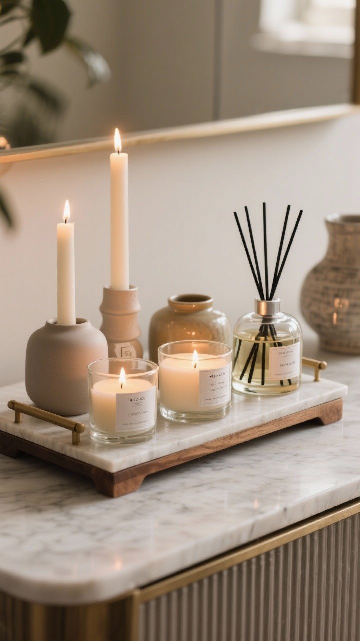 Detail closeup of a candle and scent bar on a console: varied candle heights in matte ceramic, clear glass, and glazed vessels; a reed diffuser and a glass match cloche arranged on a marble or wood tray. Cohesive scent family implied by labels. Warm, intimate glow from lit candles; shallow depth of field.