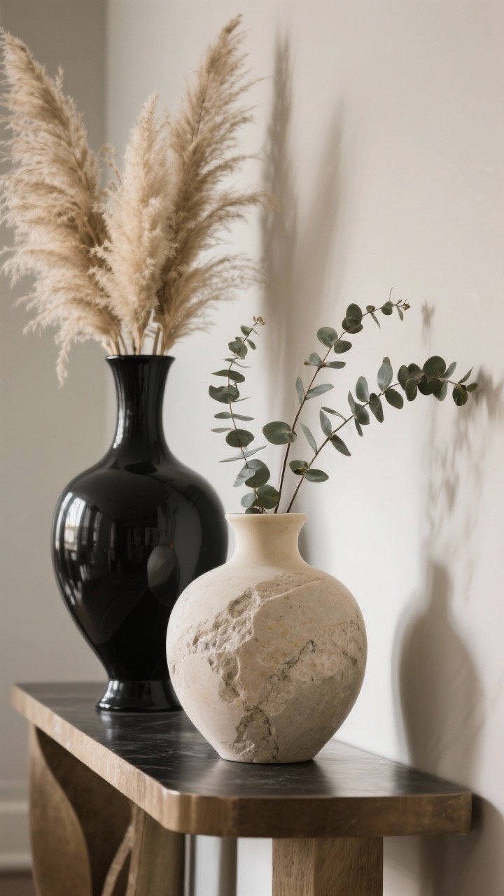 Detail closeup of a console styled with a tall vase trio: one tall, one medium, one squat. Oversized black, cream, and stone vases with pampas and eucalyptus stems for sculptural drama. Tight, luxe color palette; soft directional light from the side to emphasize curves and textures; shallow depth of field.